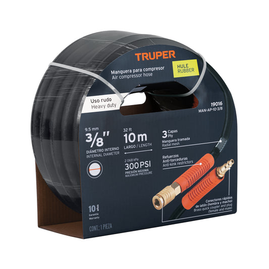 Manguera para compresor, de hule, 10m x 3/8', Truper Caja con 3, 19016