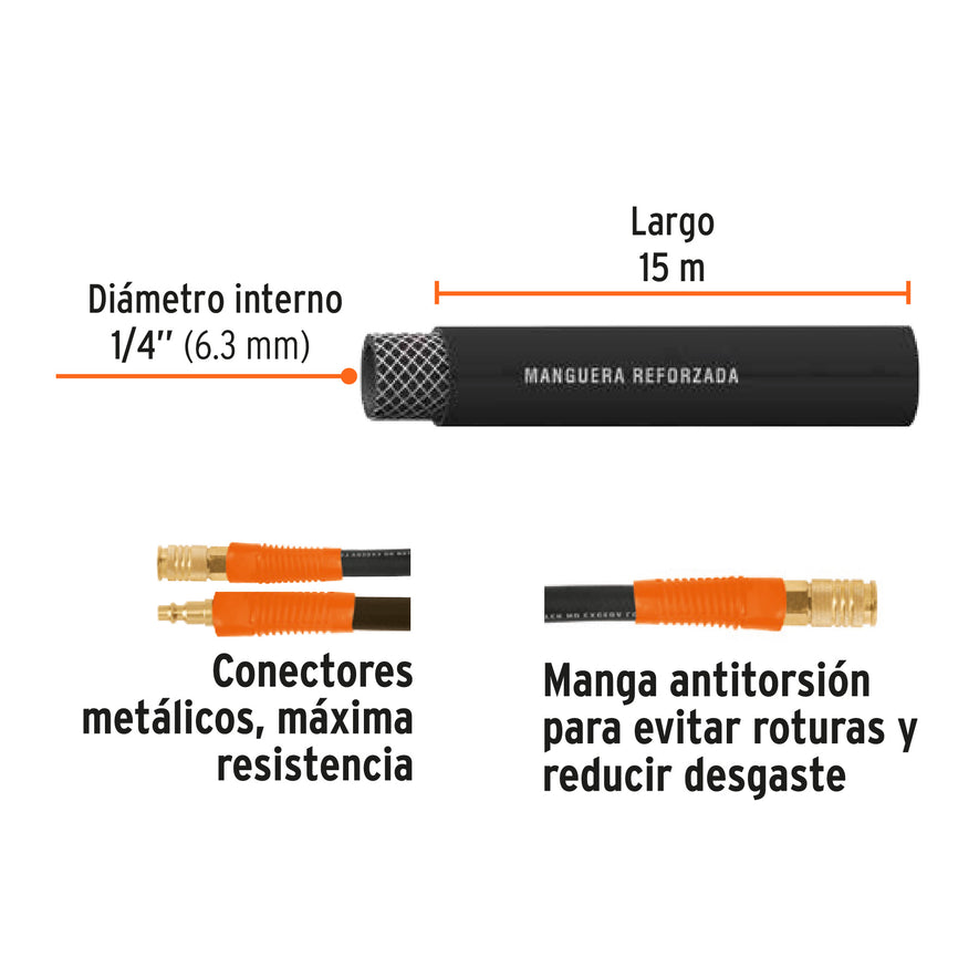 Manguera para compresor, de hule, 15m x 1/4', Truper Caja con 3, 17081