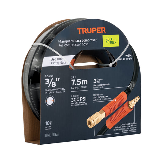 Manguera para compresor, de hule, 7.5m x 3/8', Truper Caja con 3, 19214