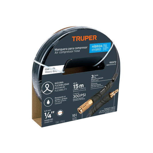 Manguera para compresor, híbrida, 15m x 1/4', Truper Caja con 2, 102472