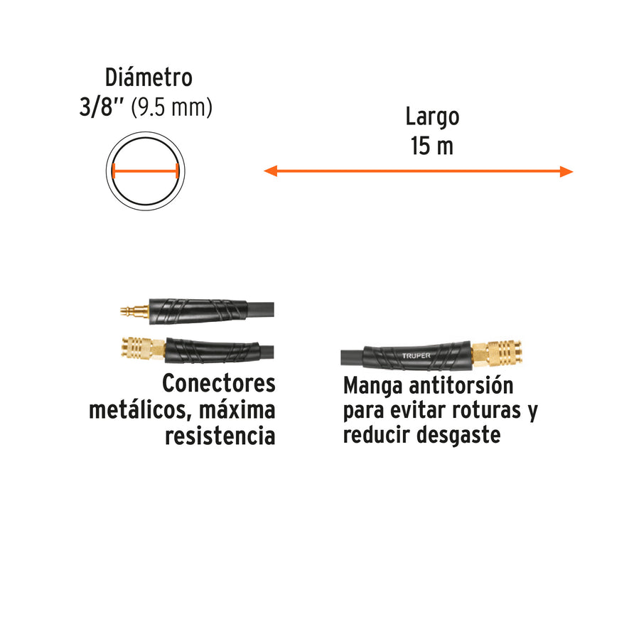 Manguera para compresor, híbrida, 15m x 3/8', Truper, 102473