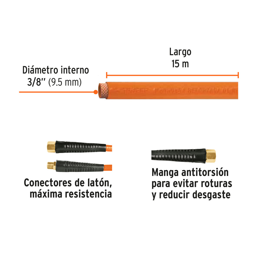 Manguera para compresor, de PVC, 15m x 3/8', Truper Caja con 3, 10894