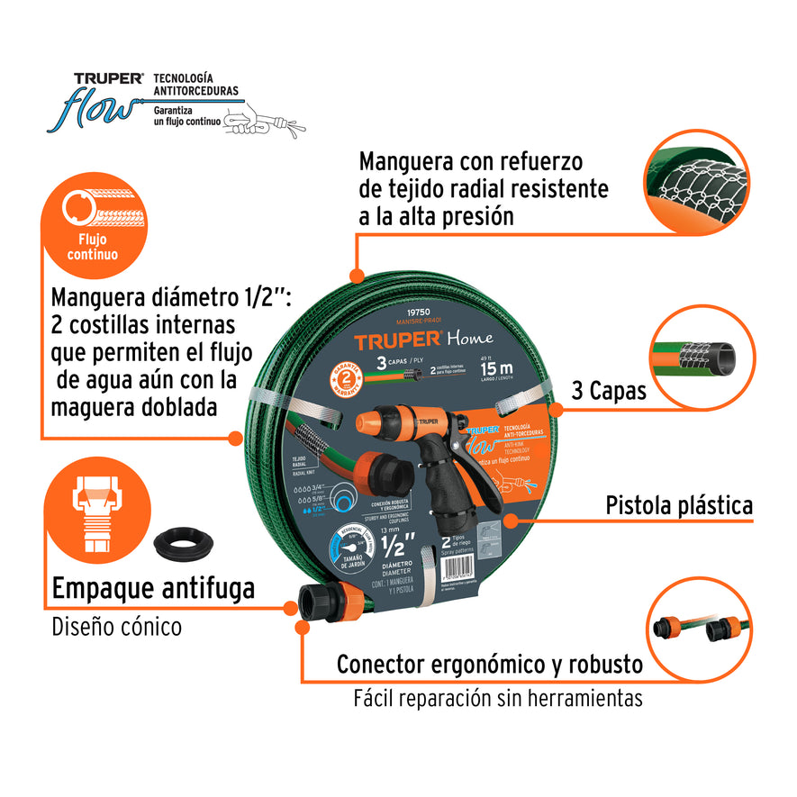 Combo manguera MAN-15X1/2RE y pistola de riego PR-401 Caja con 5, 19750