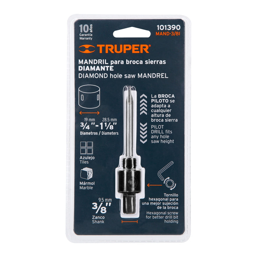 Mandril para brocasierra diamante con rosca 3/8', Truper Caja con 6, 101390