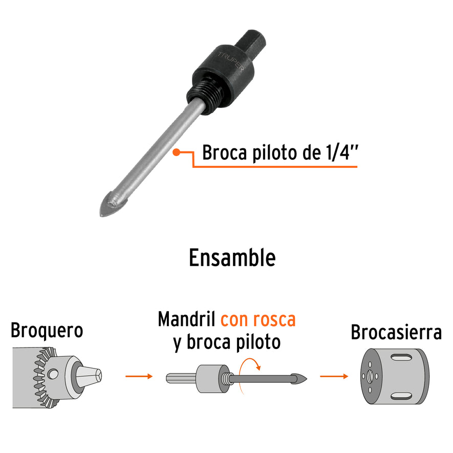 Mandril para brocasierra diamante con rosca 3/8', Truper Caja con 6, 101390