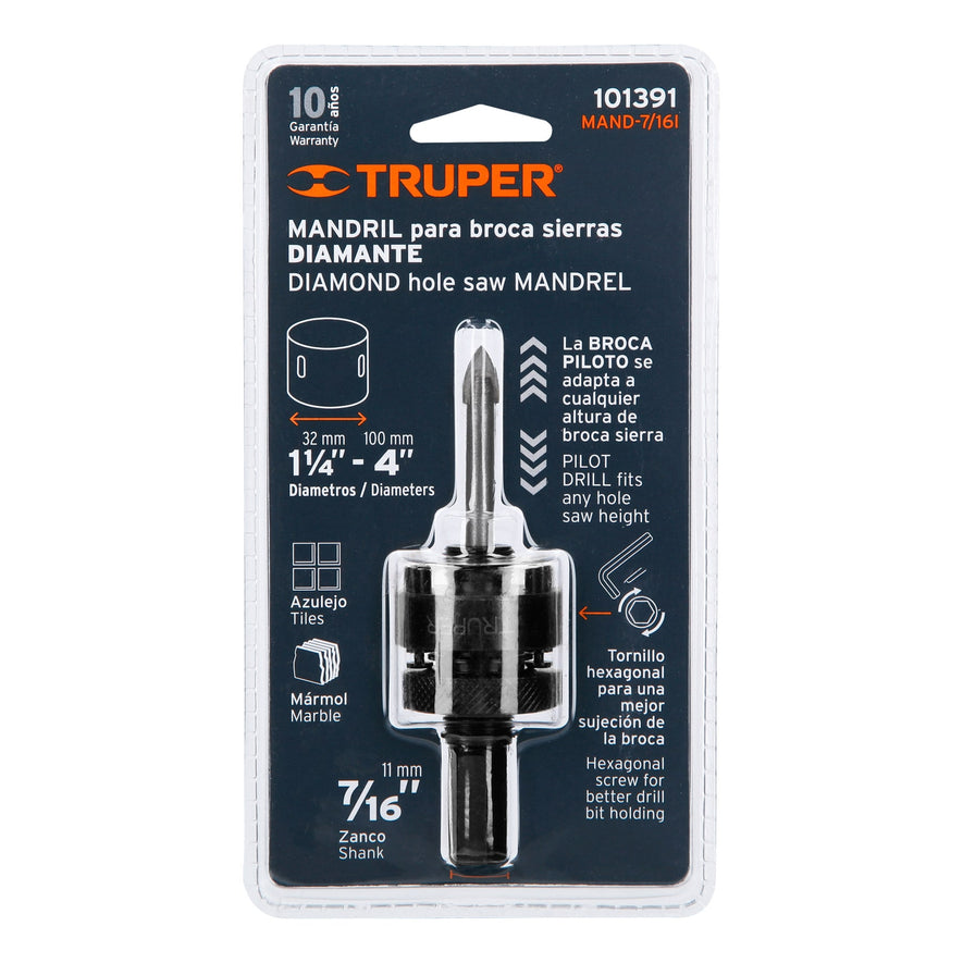 Mandril para brocasierra diamante con rosca 7/16', Truper Caja con 6, 101391