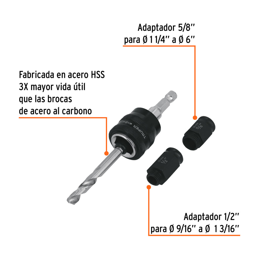 Mandril de cambio rápido con adaptadores y broca, Truper Caja con 6, 103390
