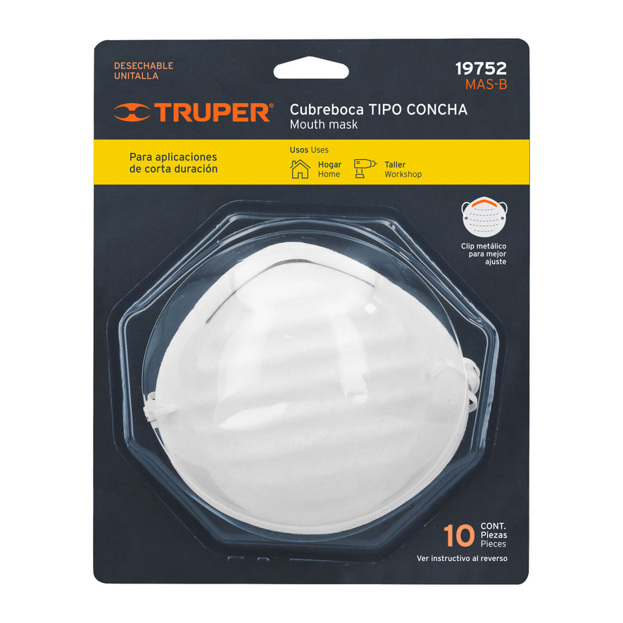 Blíster con 10 cubrebocas para polvos tipo concha, Truper Caja con 6, 19752