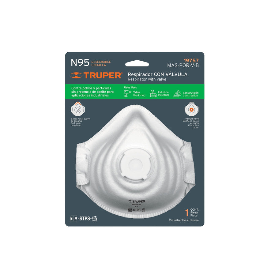 Respirador N95 con válvula para polvos y partículas, Truper Caja con 6, 19757
