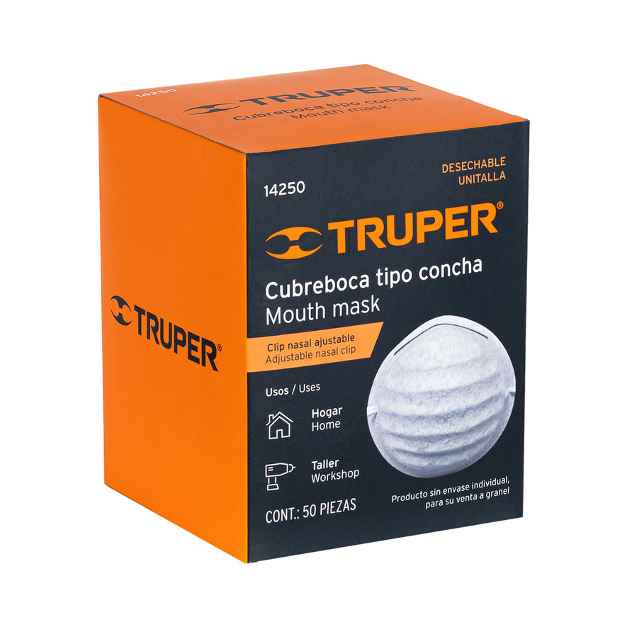 Cubrebocas tipo concha por pieza en caja de 50 pz, Truper Caja con 50, 14250