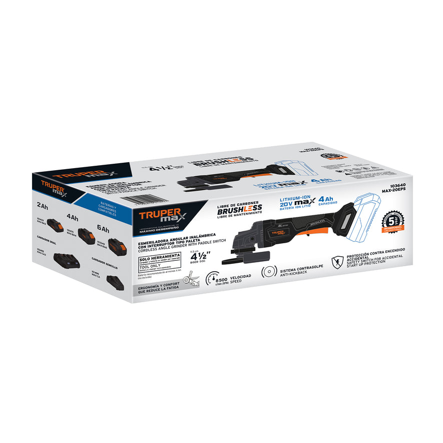 Esmeriladora 4-1/2' 20V, int. paleta, s/accesorios, MAX, 103640