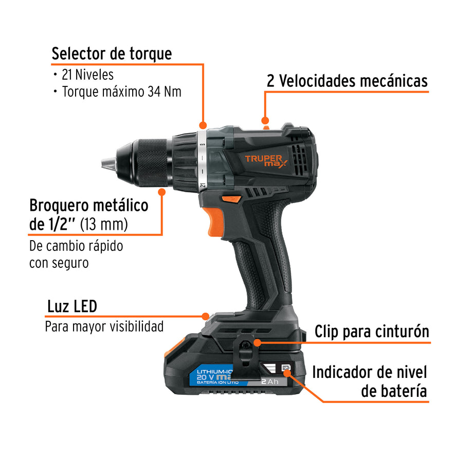Taladro inalámbrico 1/2', 20V, sin carbones, TRUPER MAX, 101452