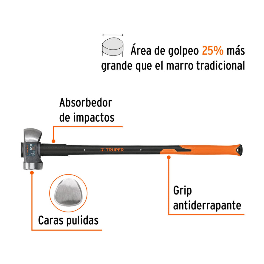 Marro demoledor 10 lb, mango fibra de vidrio 36', Truper, 11135