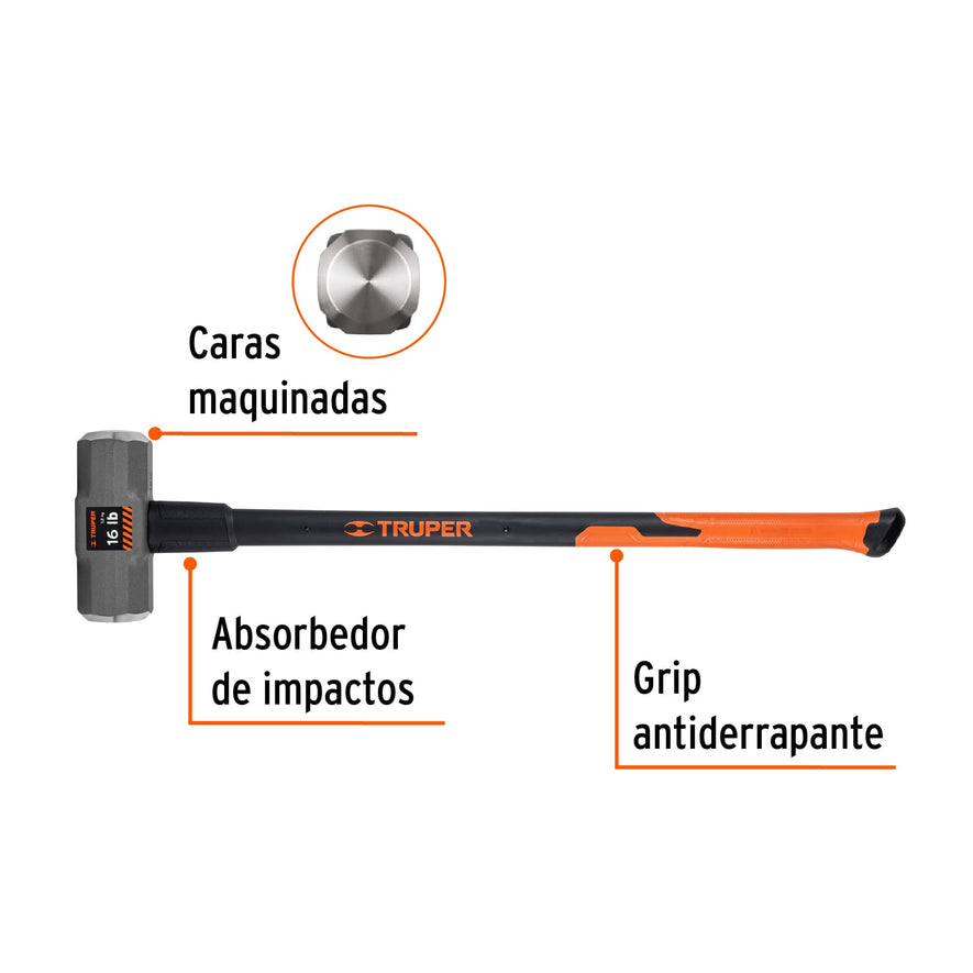 Marro octagonal 16 lb, mango fibra de vidrio 36', Truper, 16546