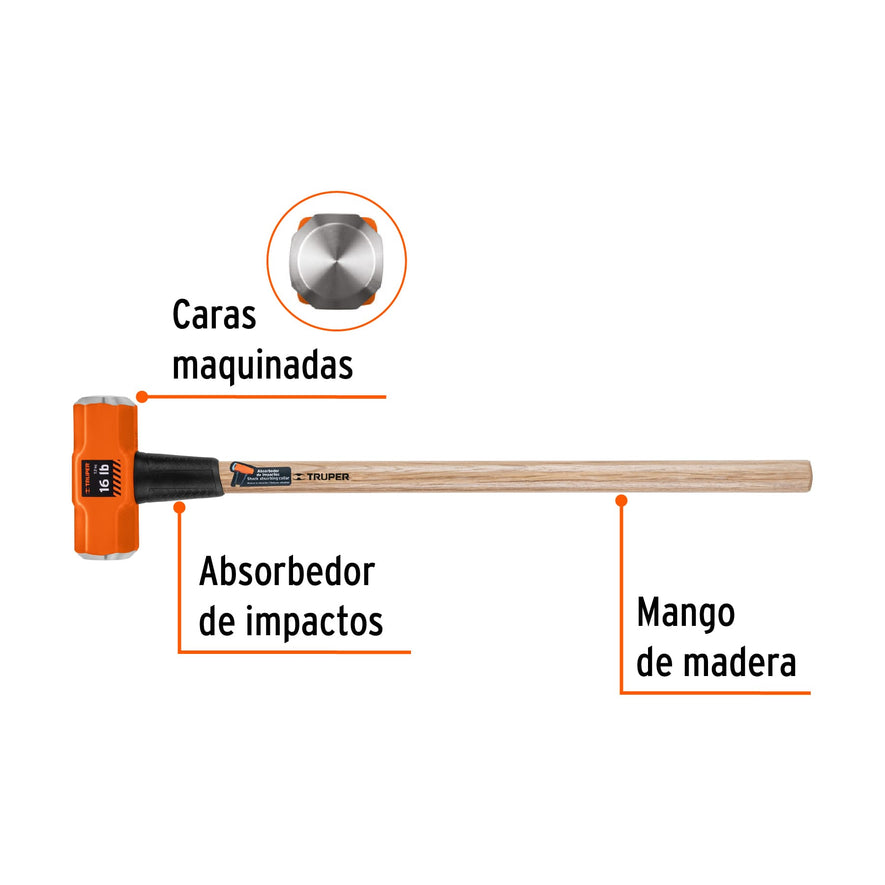 Marro octagonal 16 lb, mango de madera 36', Truper, 16515