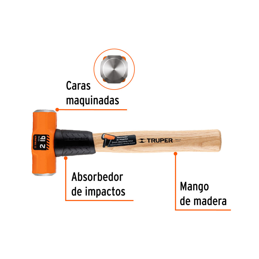 Marro octagonal 2 lb, mango de madera 12', Truper Caja con 4, 16506