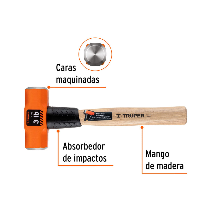 Marro octagonal 3 lb, mango de madera 12', Truper Caja con 4, 16507