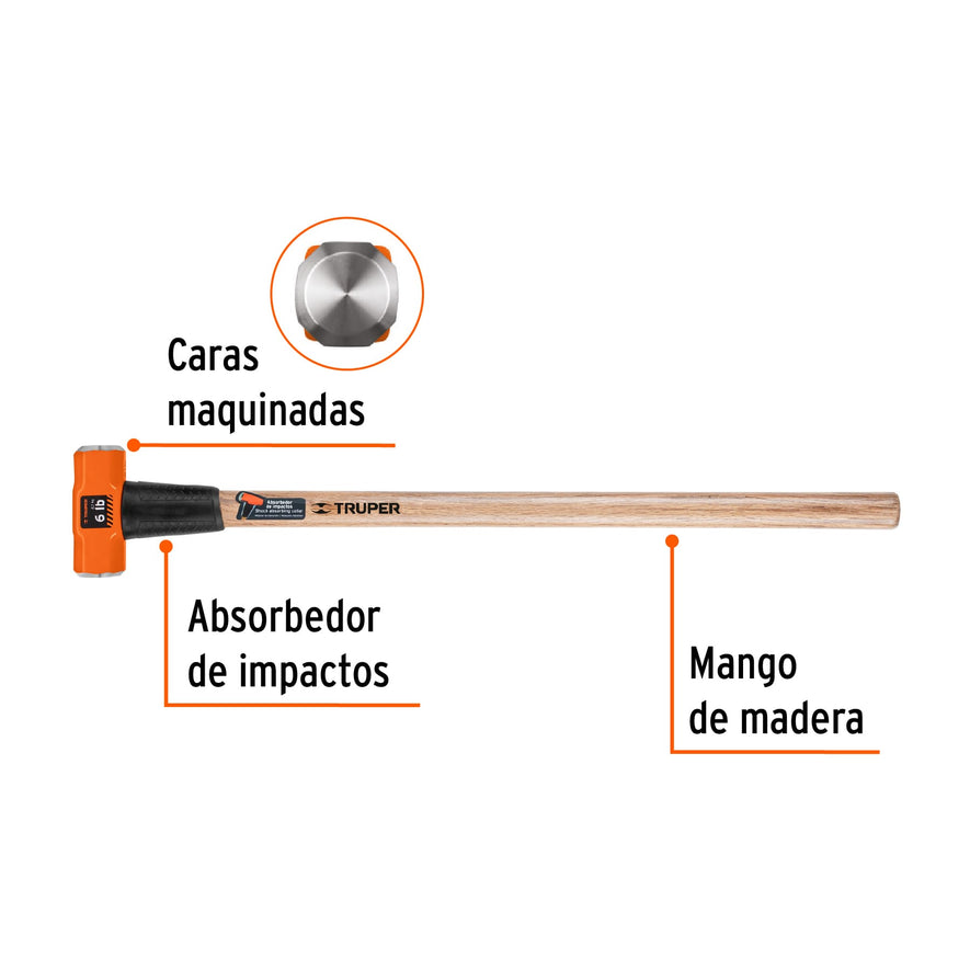 Marro octagonal 6 lb, mango de madera 36', Truper Caja con 2, 16509