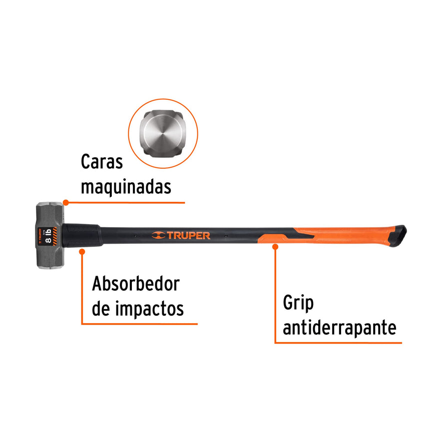 Marro octagonal 8 lb, mango fibra de vidrio 36', Truper, 16538