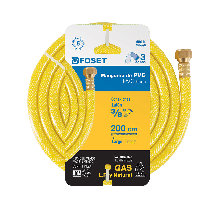 Manguera para gas, PVC amarilla, 3/8'x2 m, c/conexión, Foset Caja con 4, 45011