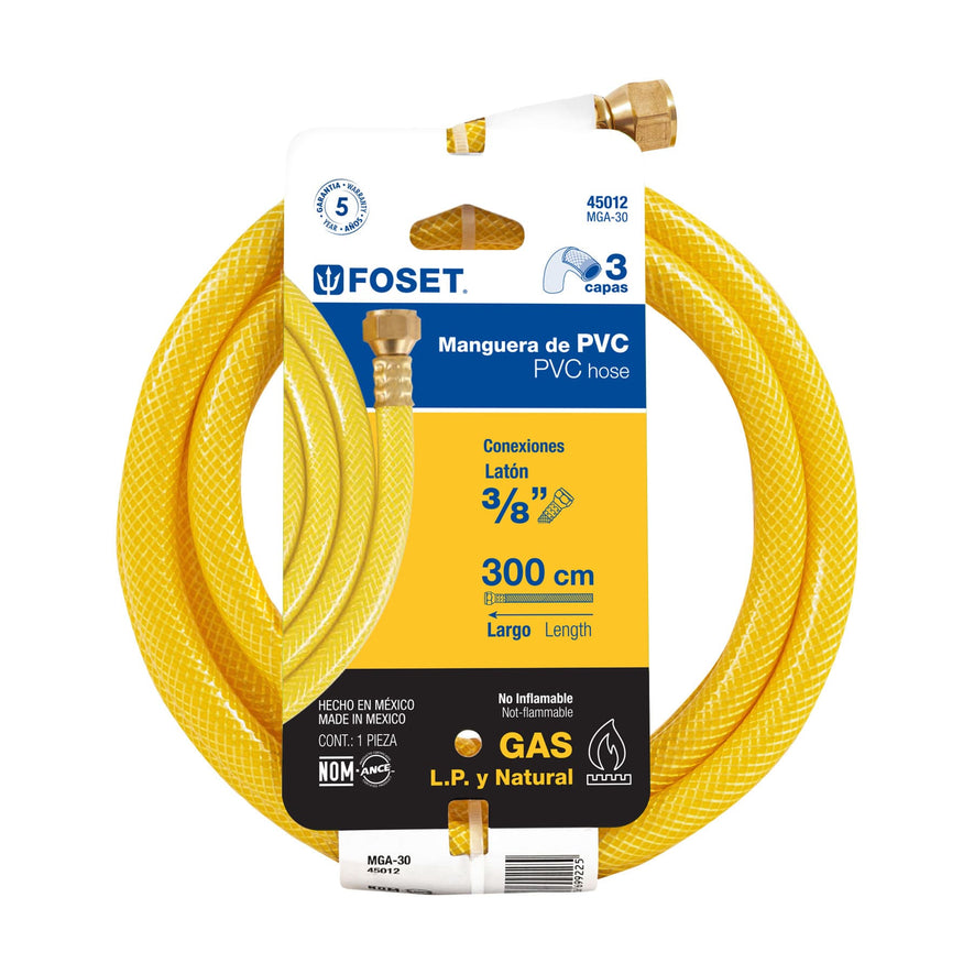 Manguera para gas, PVC amarilla, 3/8'x3 m, c/conexión, Foset Caja con 4, 45012