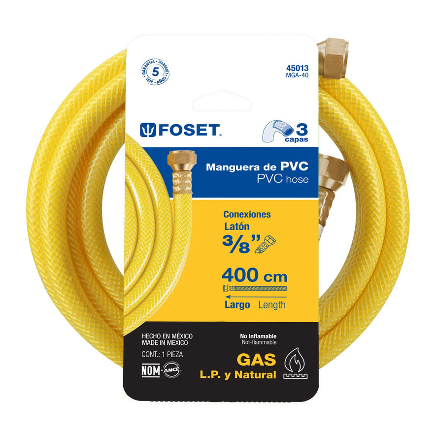 Manguera para gas, PVC amarilla, 3/8'x4 m, c/conexión, Foset Caja con 4, 45013