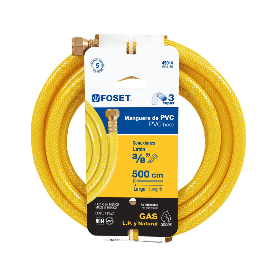 Manguera para gas, PVC amarilla, 3/8'x5 m, c/conexión, Foset Caja con 4, 45014