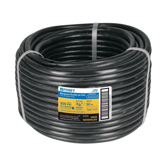 Manguera para gas, PVC negra, 3/8'x50 m, s/conexión, Foset Caja con 50, 40080
