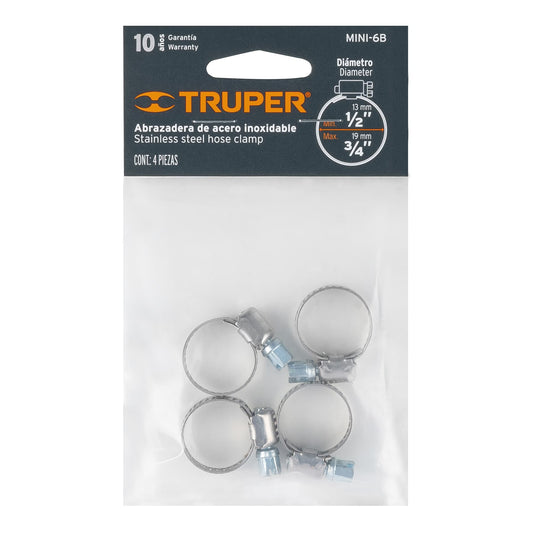Bolsa c/4 mini abrazaderas sin fin # 6, 1/2 - 3/4', Truper Caja con 12, 10031