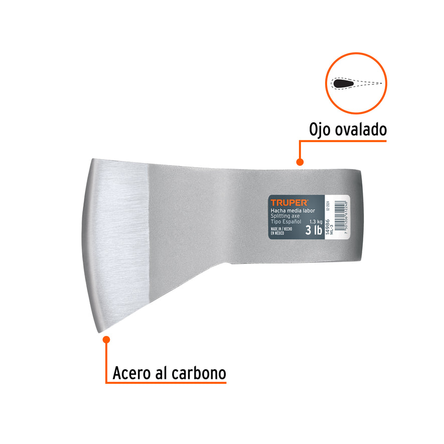 Hacha media labor 3 lb, sin mango, TRUPER Caja con 4, 14986