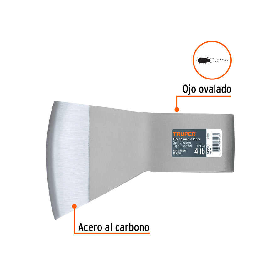 Hacha media labor 4 lb, sin mango, TRUPER Caja con 4, 14990