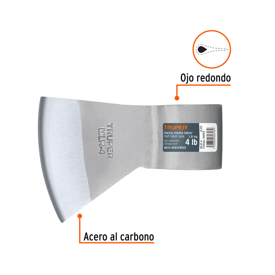 Hacha media labor ojo redondo 4 lb sin mango, TRUPER Caja con 4, 19993