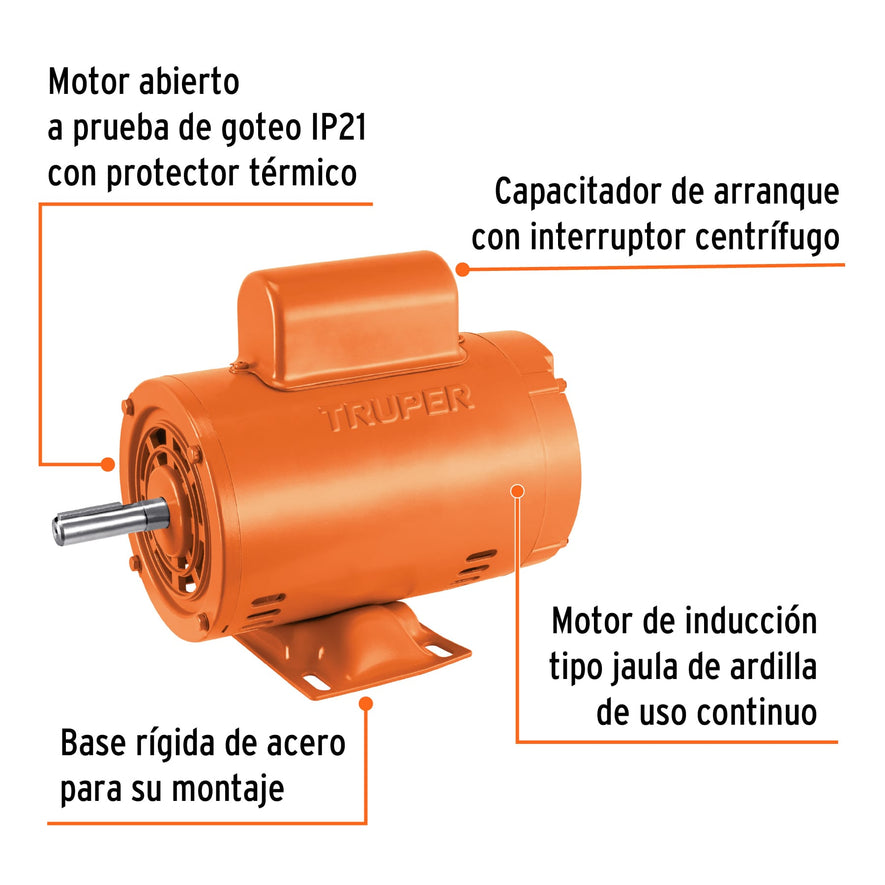 Motor eléctrico monofásico de 1/2 HP, baja velocidad, Truper, 102303