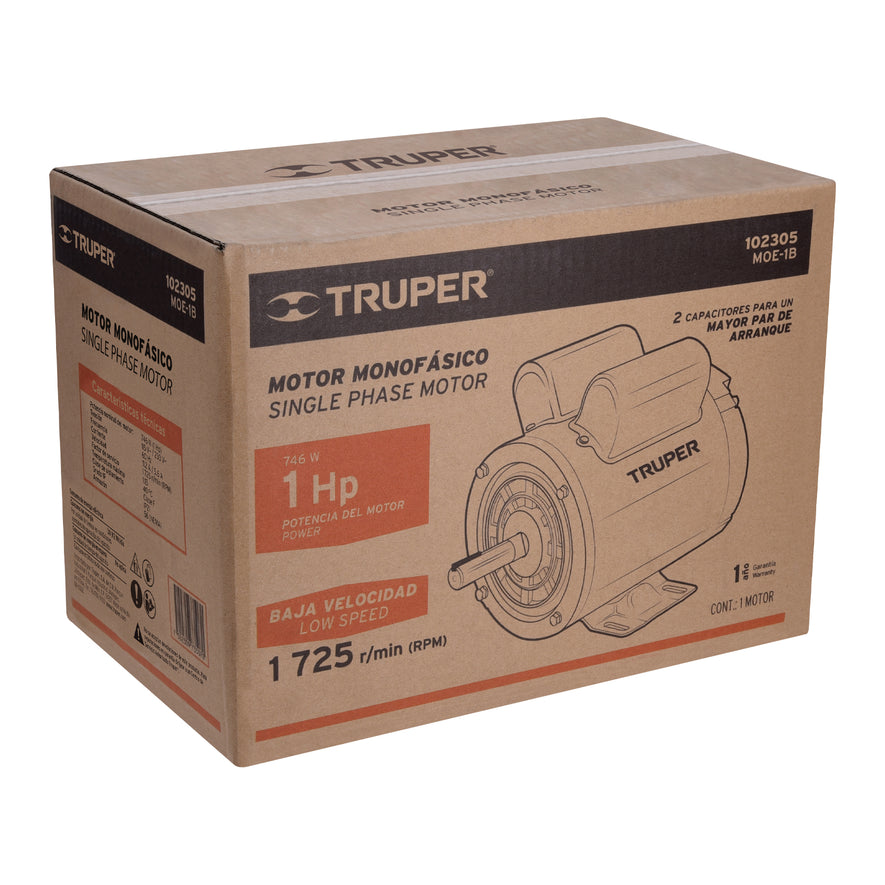 Motor eléctrico monofásico de 1 HP, baja velocidad, Truper, 102305