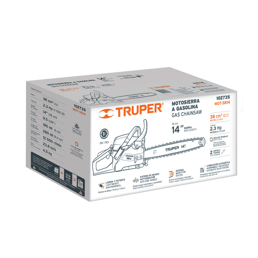 Motosierra 38 cc a gasolina con barra de 14', Truper, 102735