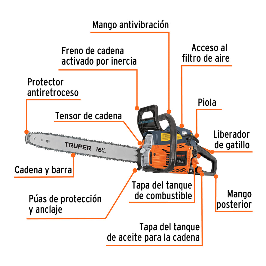 Motosierra 38 cc a gasolina con barra de 16', Truper, 16296