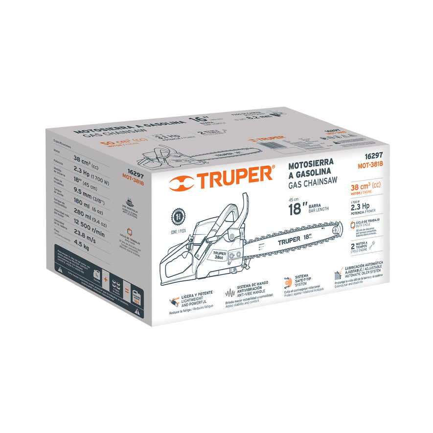Motosierra 38 cc a gasolina con barra de 18', Truper, 16297