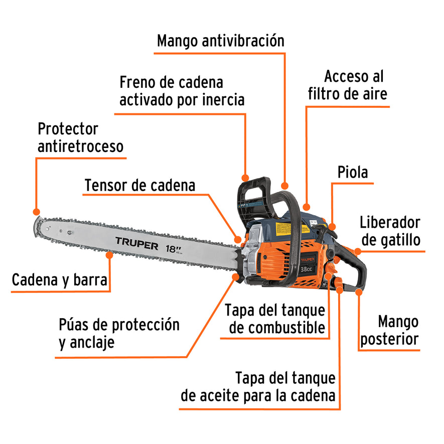 Motosierra 38 cc a gasolina con barra de 18', Truper, 16297