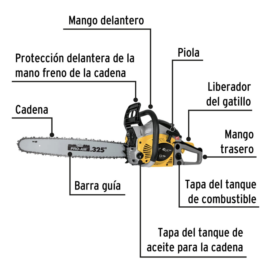 Motosierra 45 cc a gasolina con barra de 20', Pretul, 26015