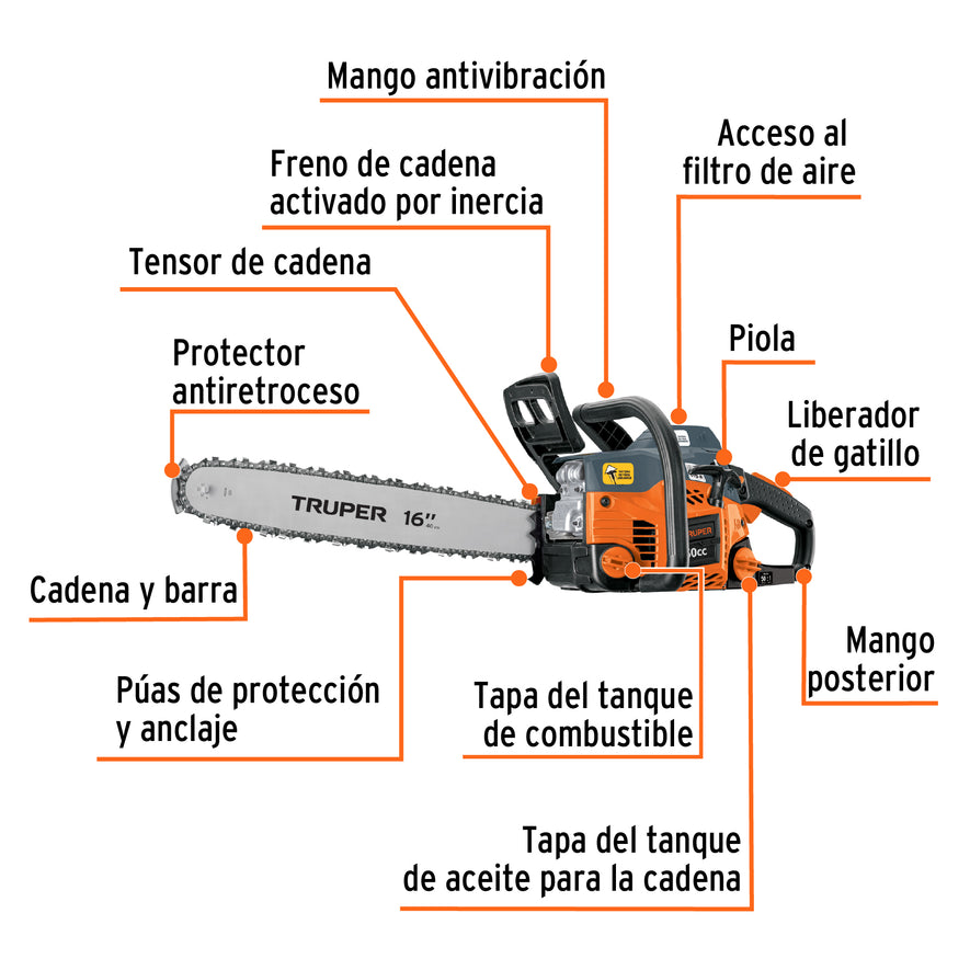 Motosierra 50 cc a gasolina con barra de 16', Truper, 102899