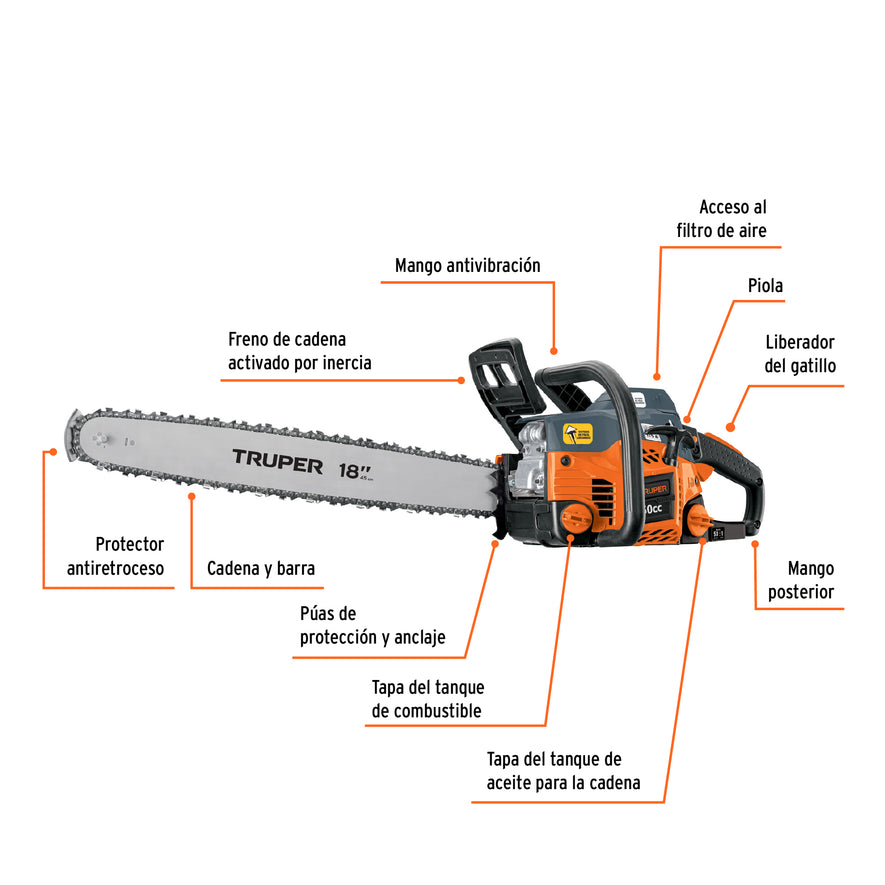 Motosierra 50 cc a gasolina con barra de 18', Truper, 102920