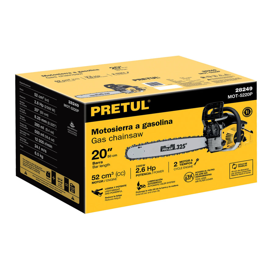 Motosierra 52 cc a gasolina con barra de 20', Pretul, 28249