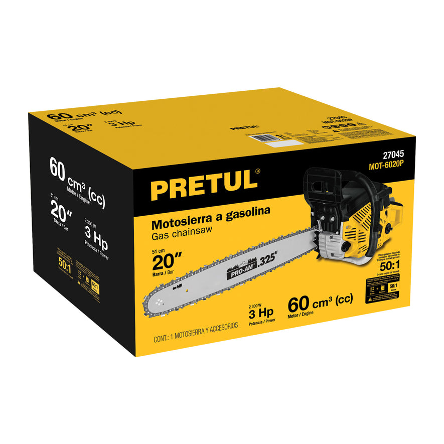 Motosierra 60 cc a gasolina con barra de 20', Pretul, 27045