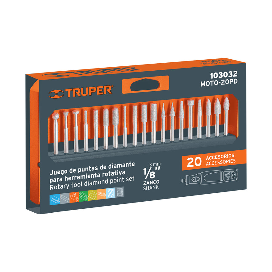 Kit de puntas diamantadas p/hta. rotativa, 20 pzs, TRUPER Caja con 3, 103032