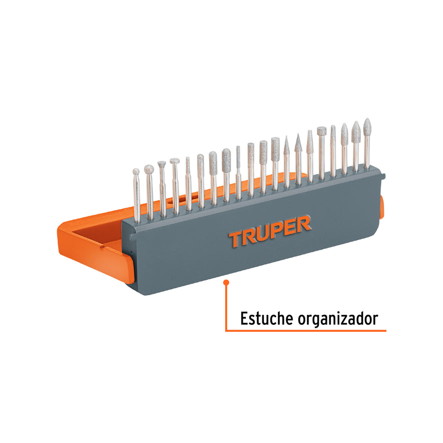 Kit de puntas diamantadas p/hta. rotativa, 20 pzs, TRUPER Caja con 3, 103032