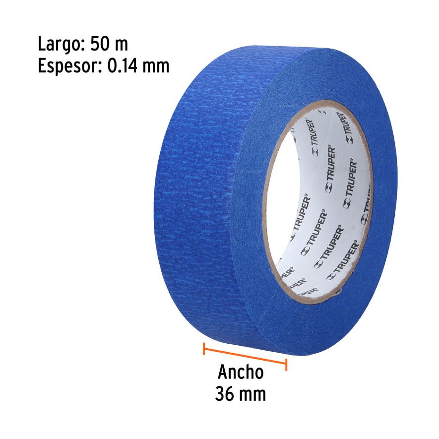 Cinta masking tape azul de 1-1/2' x 50 m para pintor, Truper Caja con 3, 12623