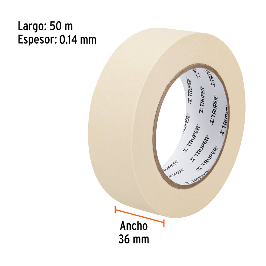 Cinta masking tape de 1-1/2' x 50 m, Truper Caja con 6, 12592