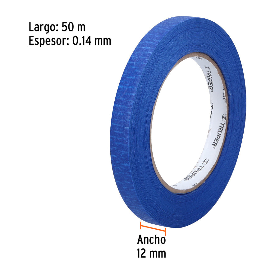 Cinta masking tape azul de 1/2' x 50 m para pintor, Truper Caja con 6, 12620
