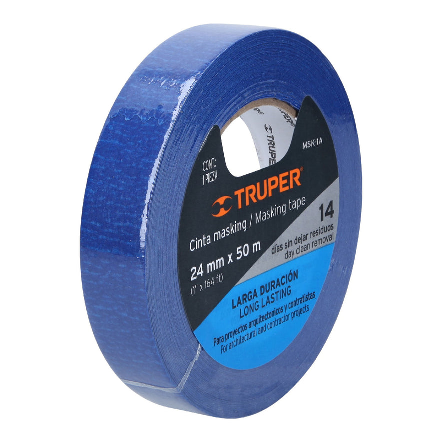 Cinta masking tape azul de 1' x 50 m para pintor, Truper Caja con 6, 12622