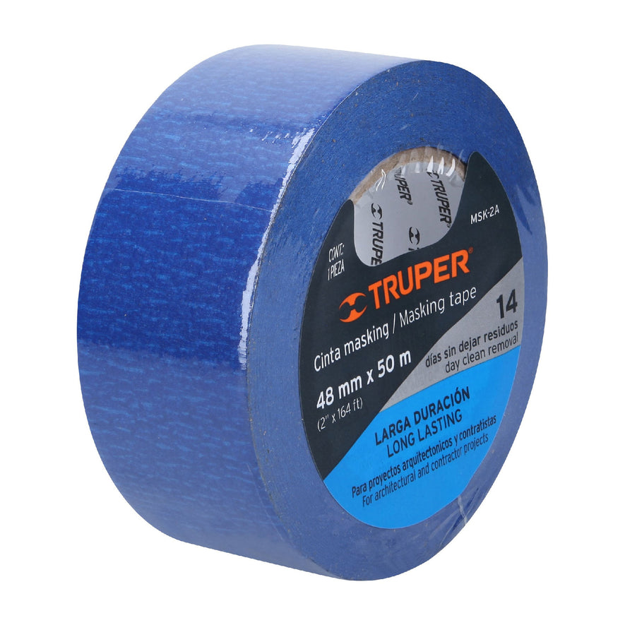 Cinta masking tape azul de 2' x 50 m para pintor, Truper Caja con 3, 12624
